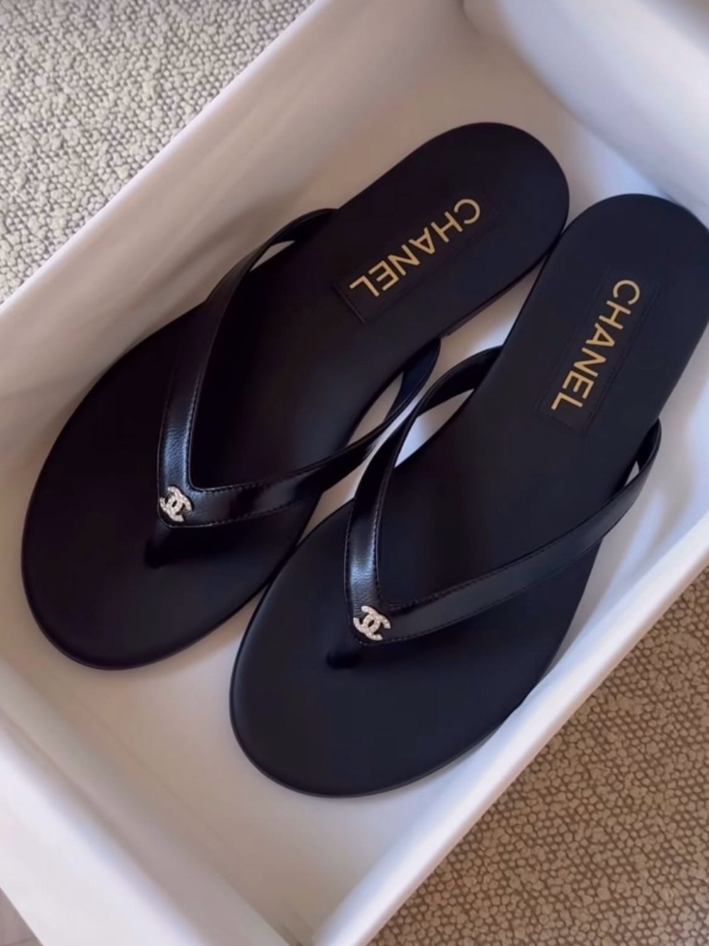 Chanel 25A Black Leather Flip Flops | NIB | Size 38.5